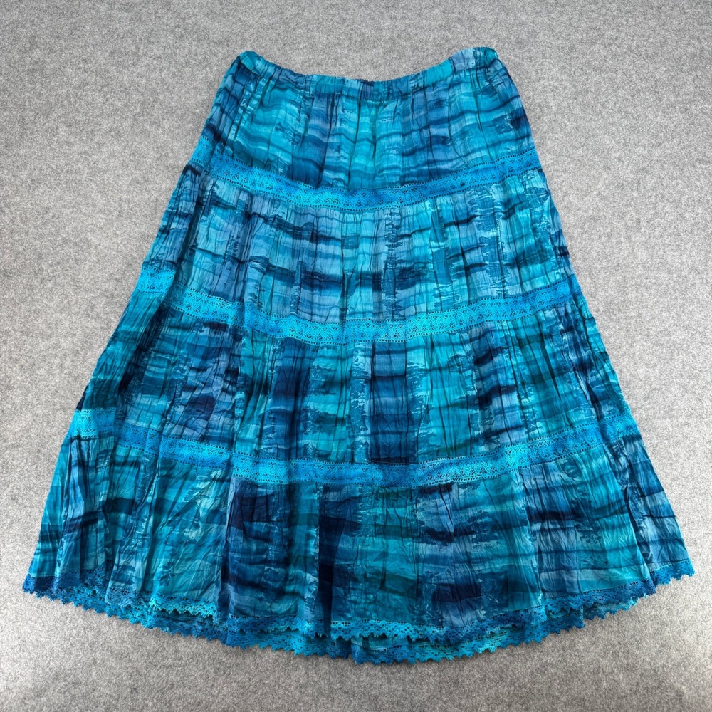 Sara Studio Skirt Womens M Bohemian Tie Dye Blue Crochet Lace Trim EUC
